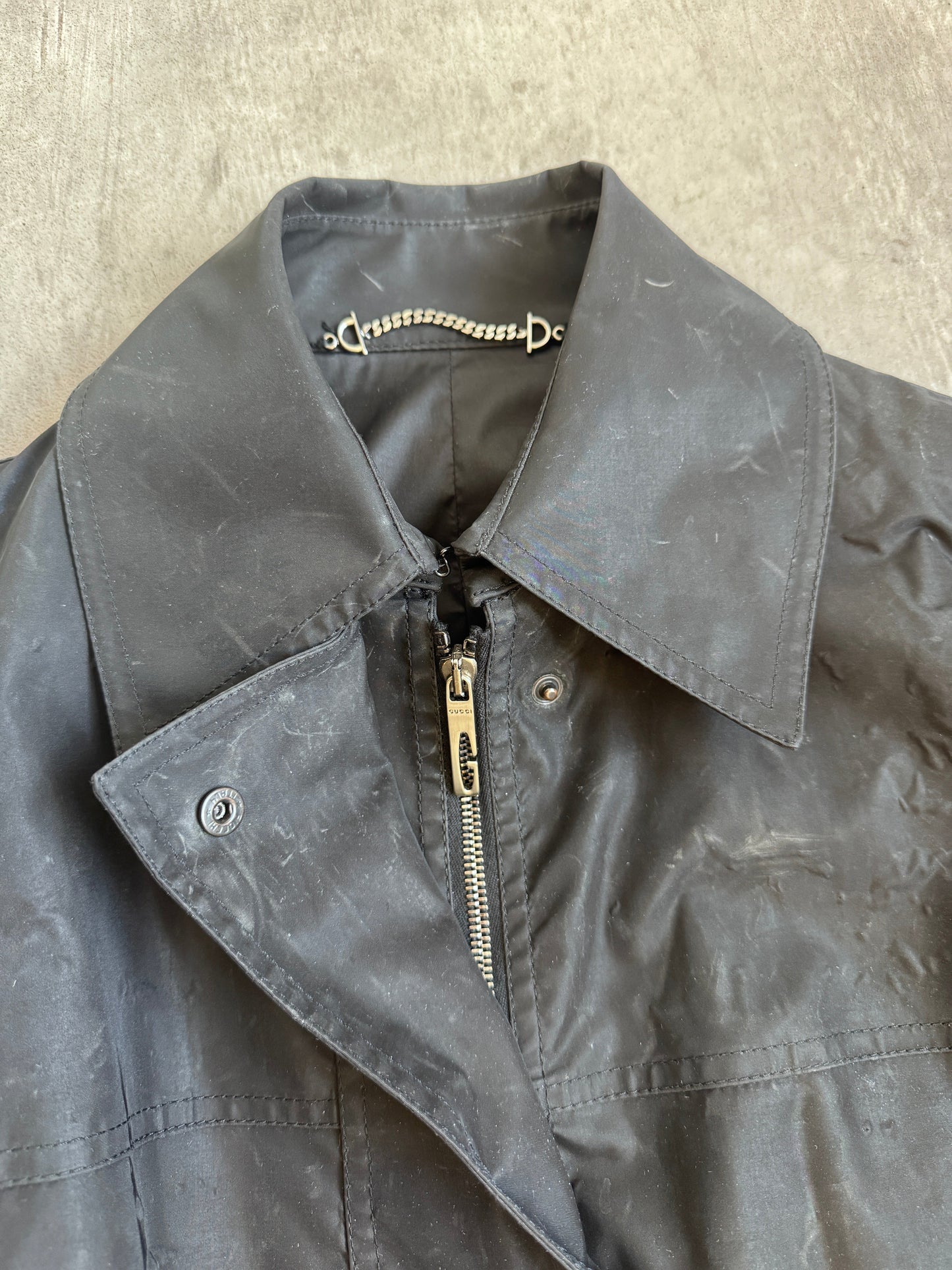 Gucci Black Waxed Poly Dual Zip Trench Coat (SOLD AS SEEN)