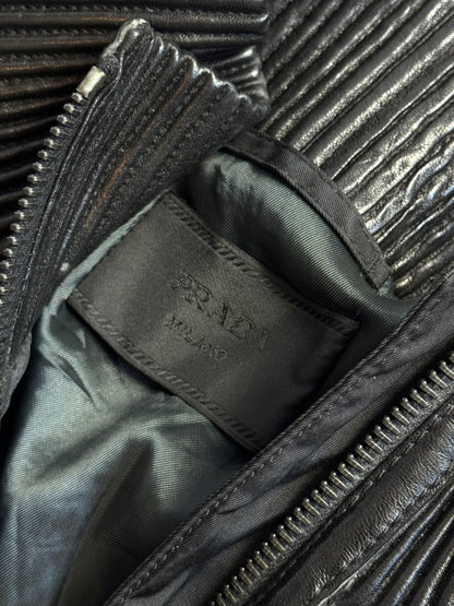 Prada Ribbed Leather Nylon Panelled Bomber Jacket