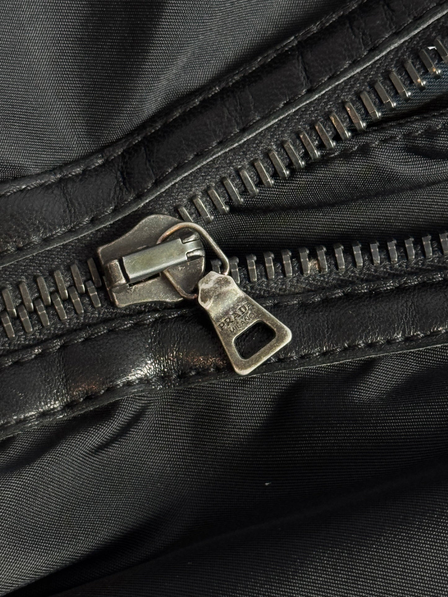 Prada Ribbed Leather Nylon Panelled Bomber Jacket