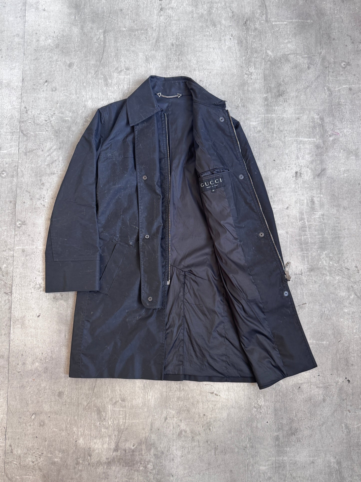 Gucci Black Waxed Poly Dual Zip Trench Coat (SOLD AS SEEN)