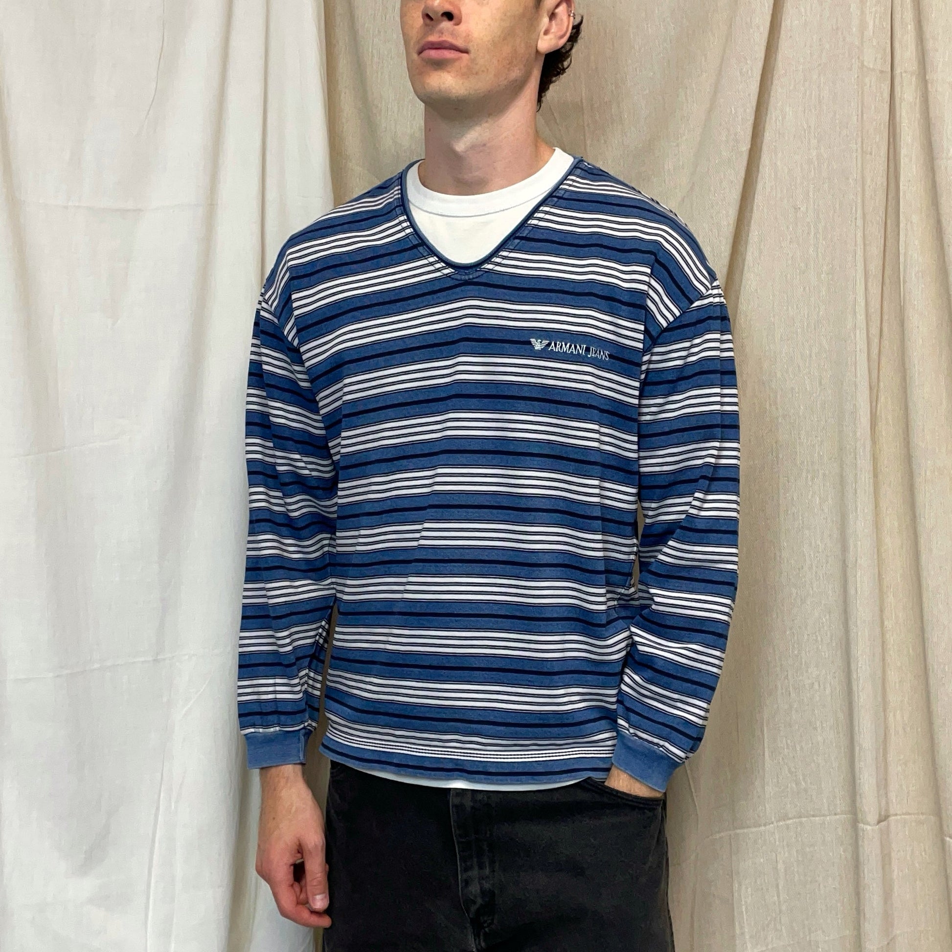 Armani Jeans Blue & White 90s Striped Scoop Neck Jumper | Large, Blue