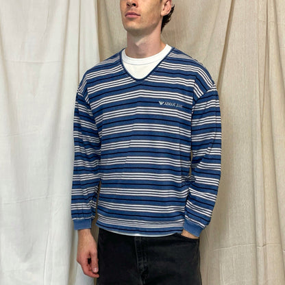 Armani Jeans Blue & White 90s Striped Scoop Neck Jumper | Large, Blue