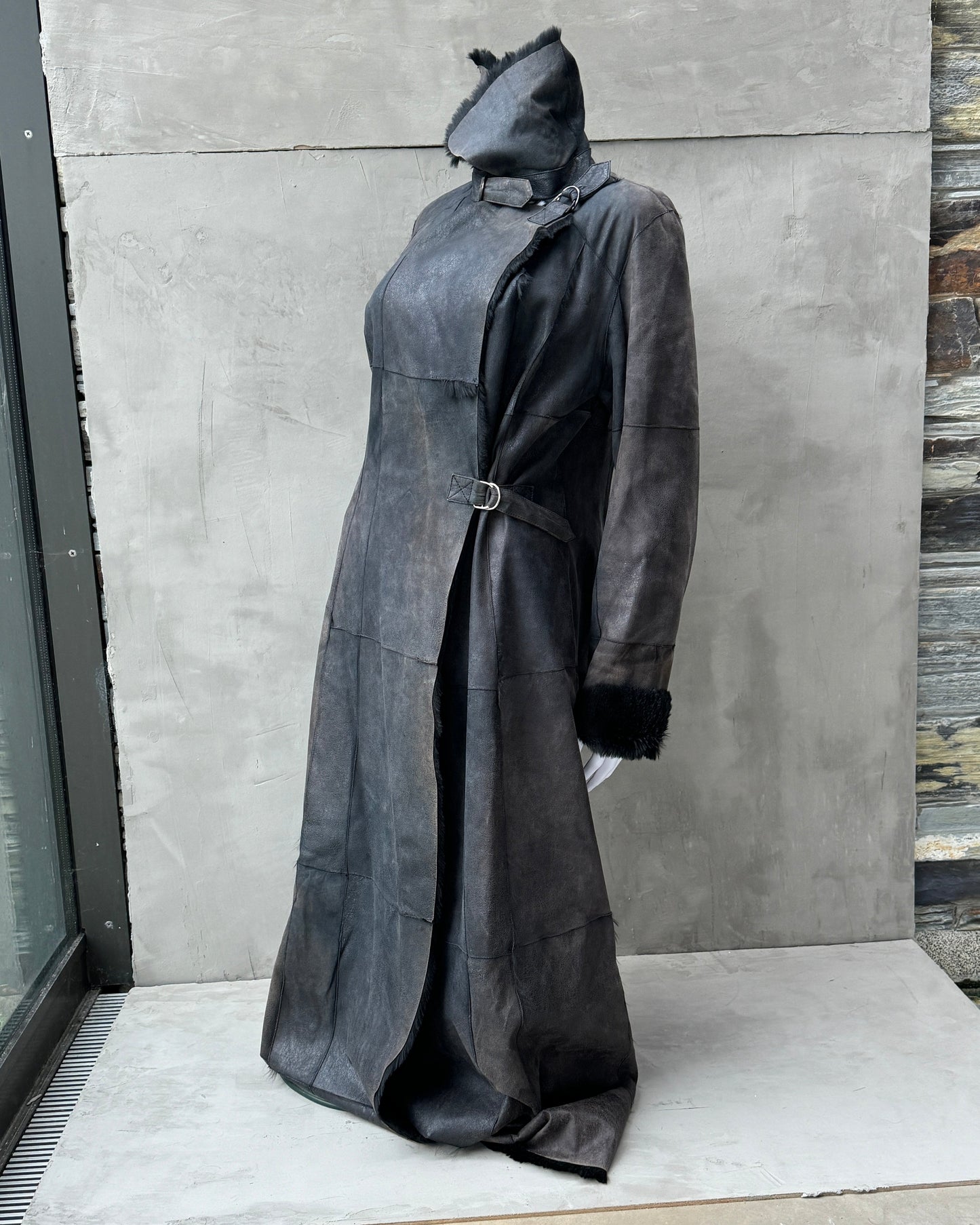 PLEIN SUD LEATHER & FUR FLOOR LENGTH BUCKLE COAT - M | Medium, Black