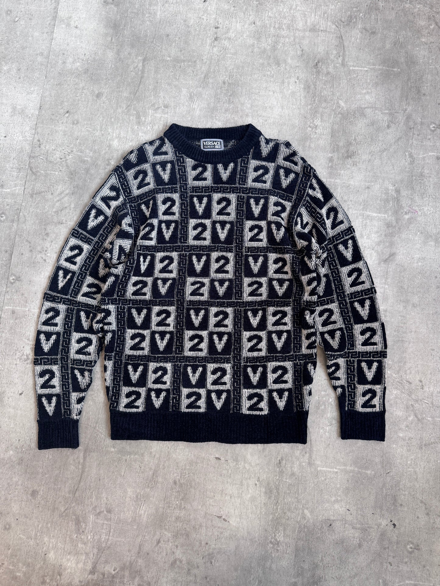 Versace Classic V2 Velour Monochrome Logo Print Knit Crewneck