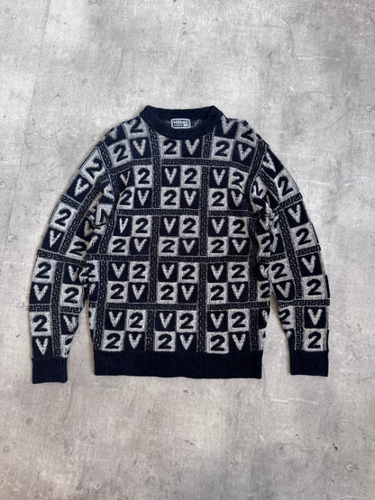 Versace Classic V2 Velour Monochrome Logo Print Knit Crewneck