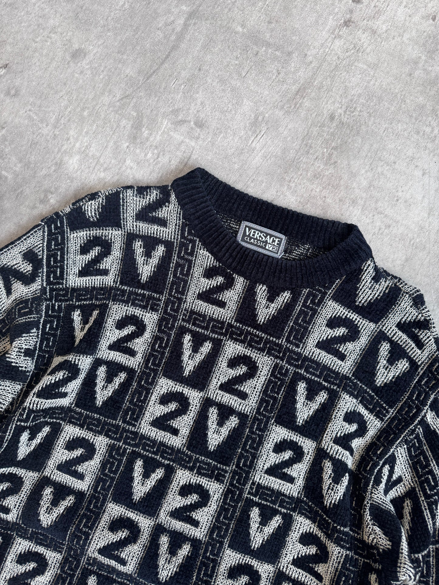 Versace Classic V2 Velour Monochrome Logo Print Knit Crewneck