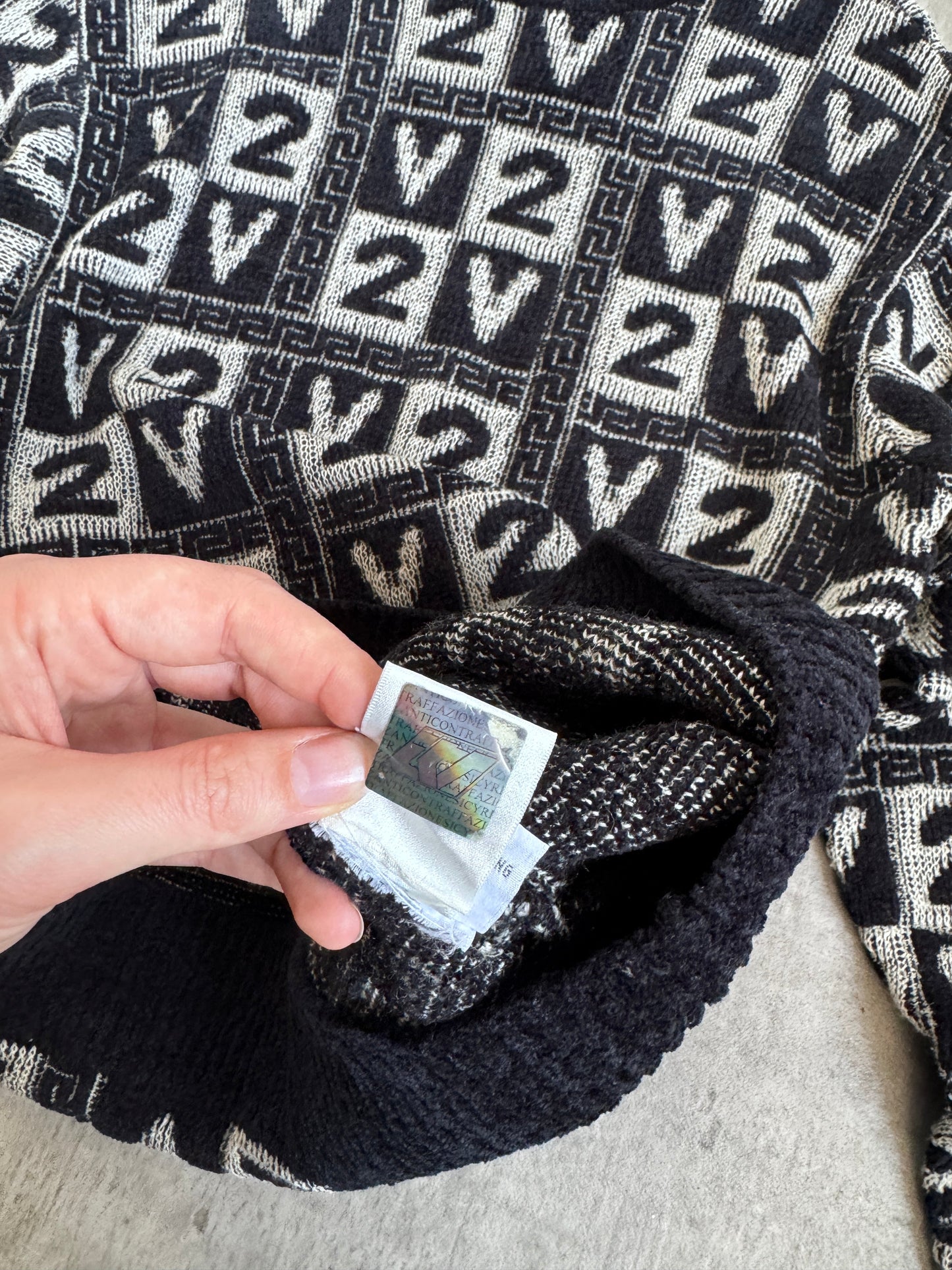 Versace Classic V2 Velour Monochrome Logo Print Knit Crewneck