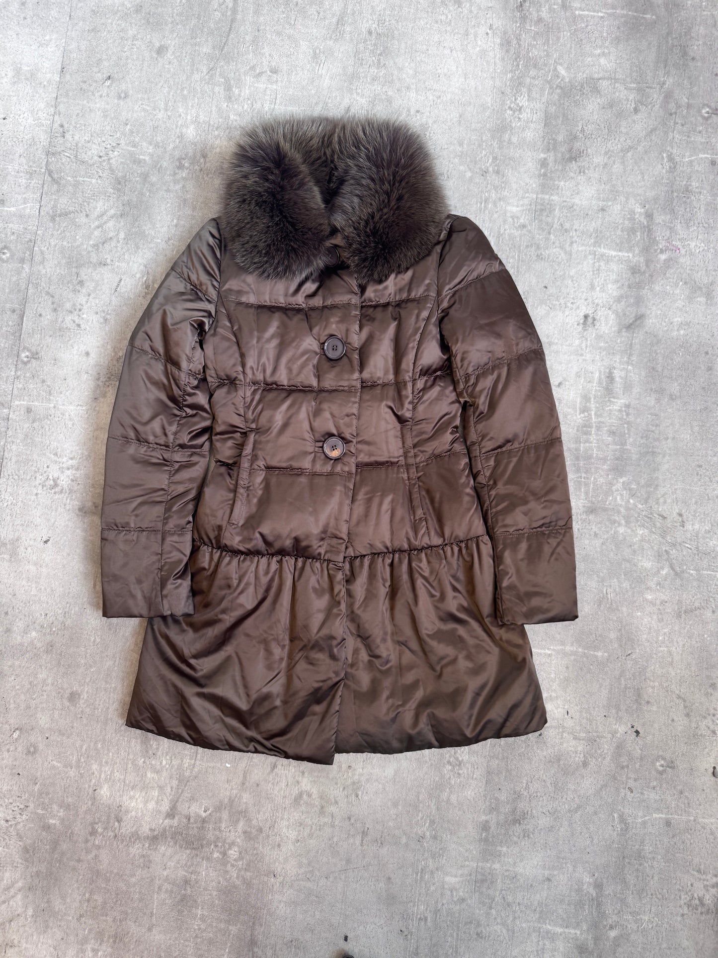 Prada Brown Flare Hem Dyed Alopex Lagopus Fox Trim Puffer Coat
