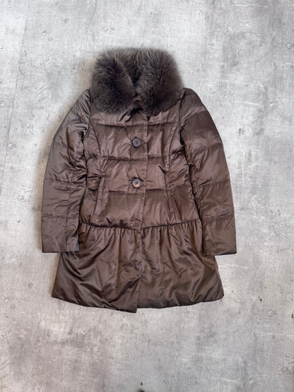 Prada Brown Flare Hem Dyed Alopex Lagopus Fox Trim Puffer Coat