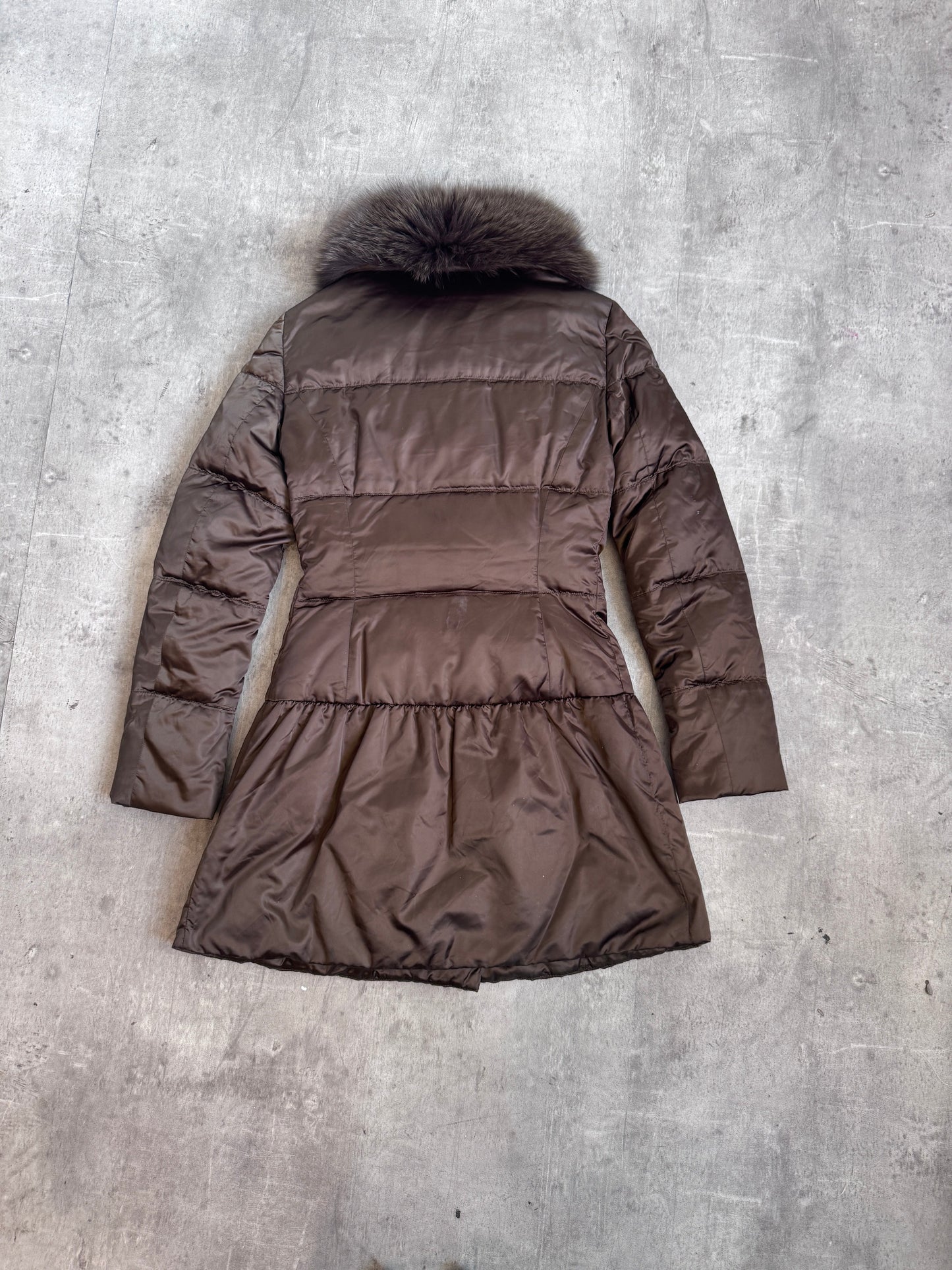 Prada Brown Flare Hem Dyed Alopex Lagopus Fox Trim Puffer Coat