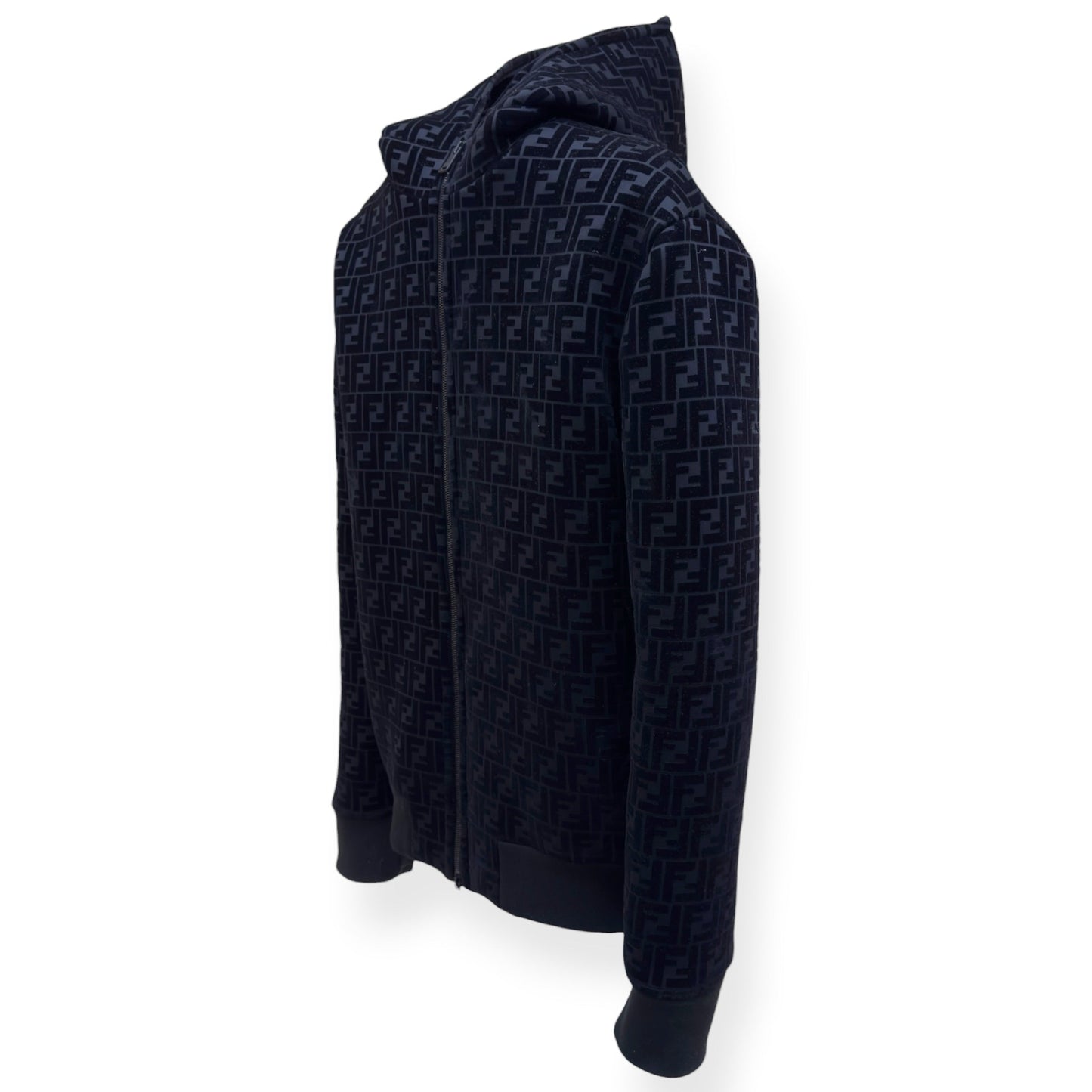 FENDI FF LOGO VELVET ZIP-UP HOODIE BLACK 52 / L | Large, Black