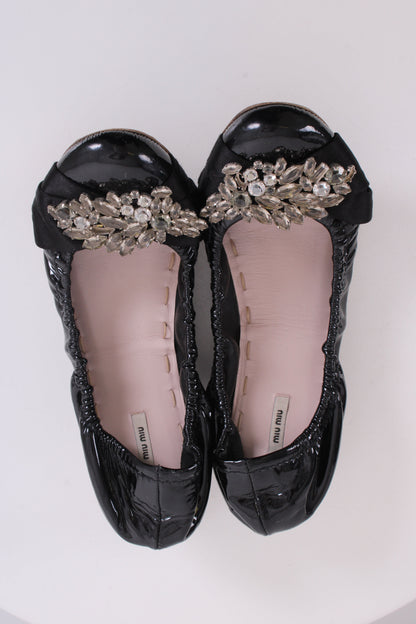 Miu Miu Patent Crystal Detail Ballet Flats Black 38 | O/S, Black