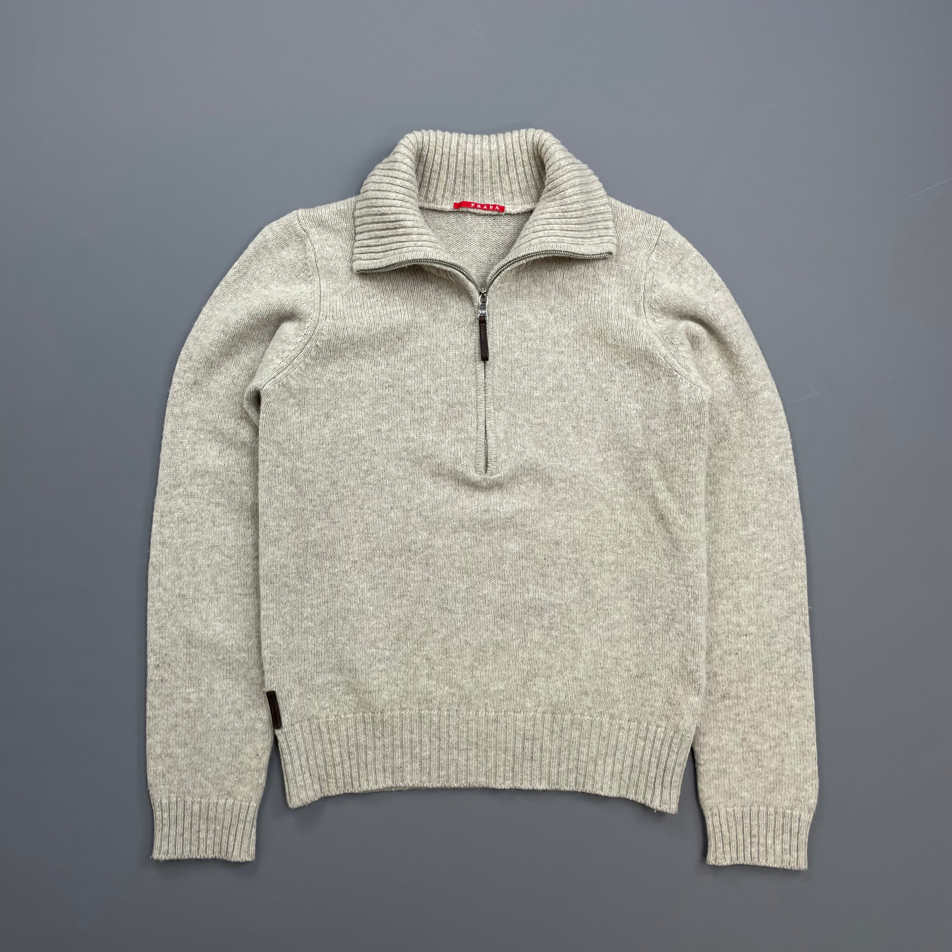 Prada Sport Grey 2007 Suede-Leather Patch Half-Zip Wool Knit