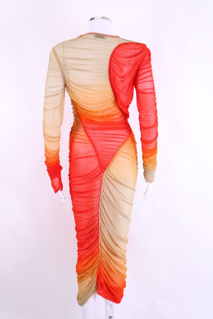 Mugler L/S Ombre Mesh Dress Orange/ Beige S | O/S, Multicoloured