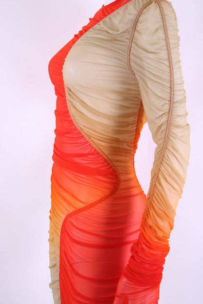 Mugler L/S Ombre Mesh Dress Orange/ Beige S | O/S, Multicoloured