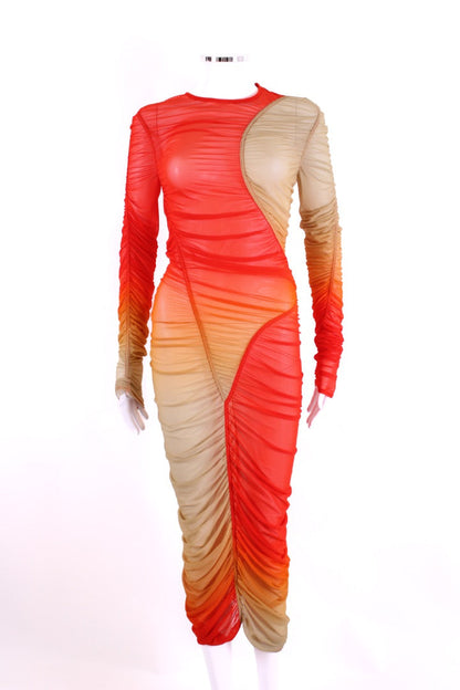 Mugler L/S Ombre Mesh Dress Orange/ Beige S | O/S, Multicoloured