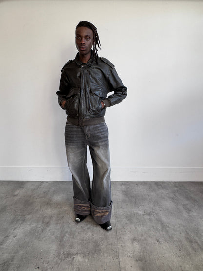 Deep Brown 1980s Leather Bomber Jacket