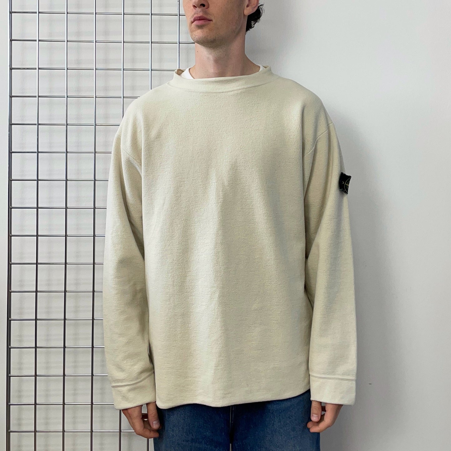 Stone Island Cream AW95 Green Edge Badge Fleece Jumper | XX-Large, Multicoloured