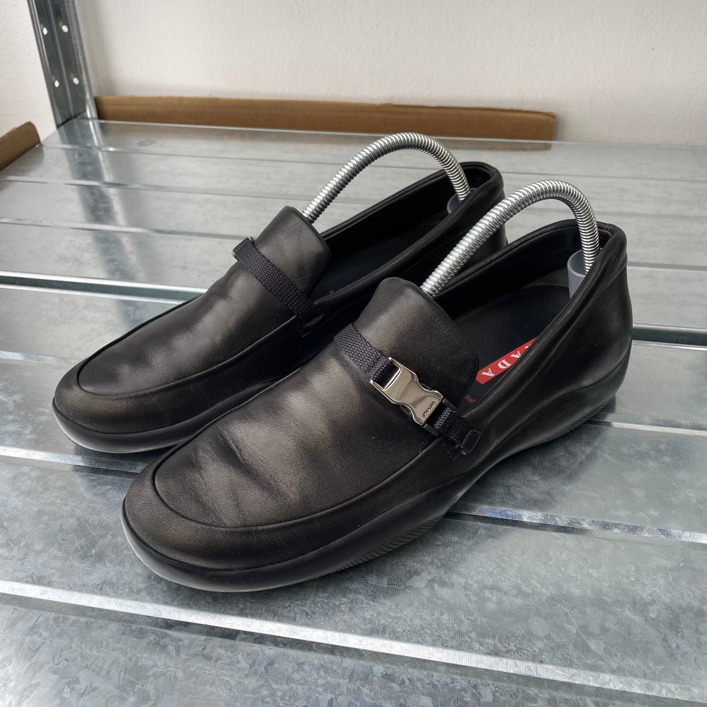 Prada Sport Black AW03 Women's Donatella Leather Buckle Loafers | SMALL, Black