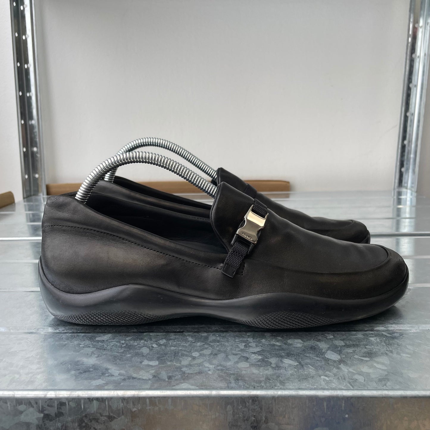 Prada Sport Black AW03 Women's Donatella Leather Buckle Loafers | SMALL, Black
