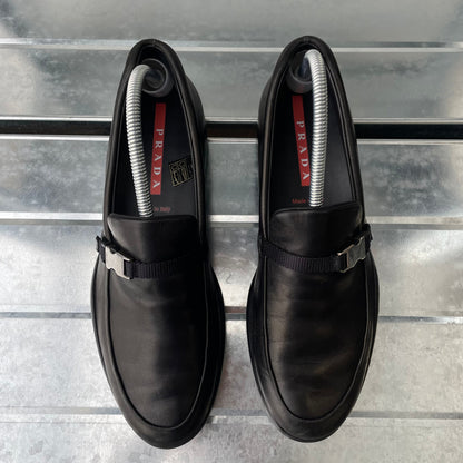 Prada Sport Black AW03 Women's Donatella Leather Buckle Loafers | SMALL, Black
