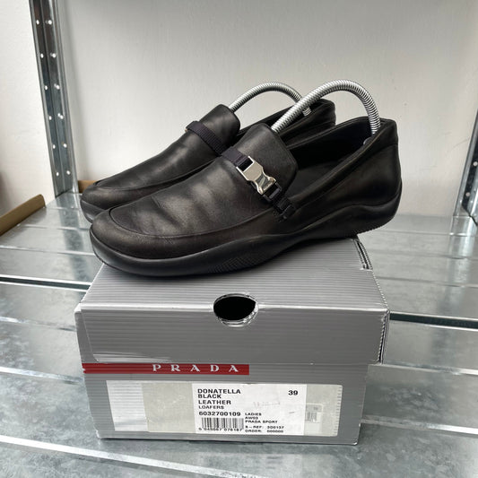 Prada Sport Black AW03 Women's Donatella Leather Buckle Loafers | SMALL, Black