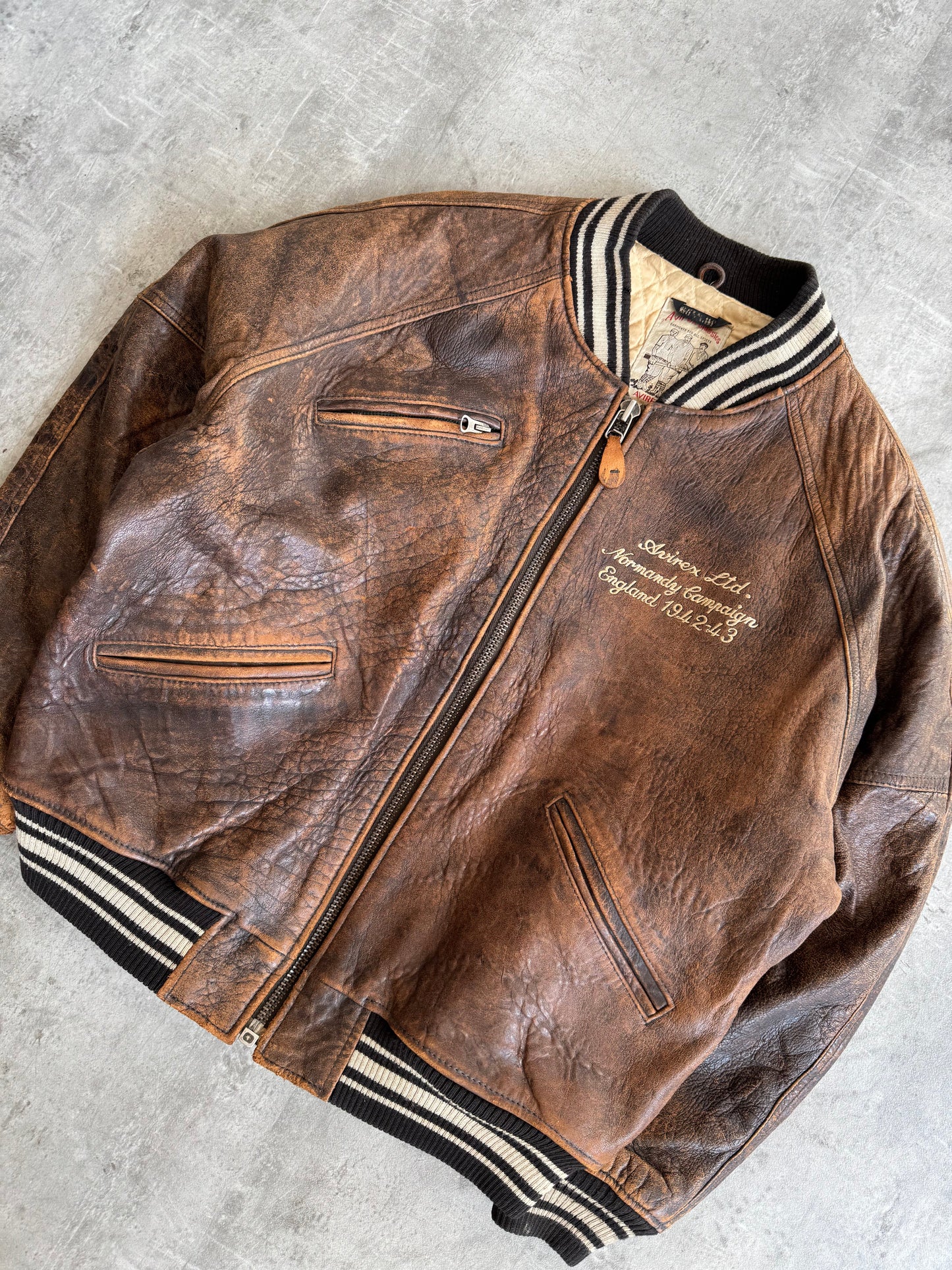 Avirex 'Normandy Campaign' Distressed Brown Leather Flight Jacket
