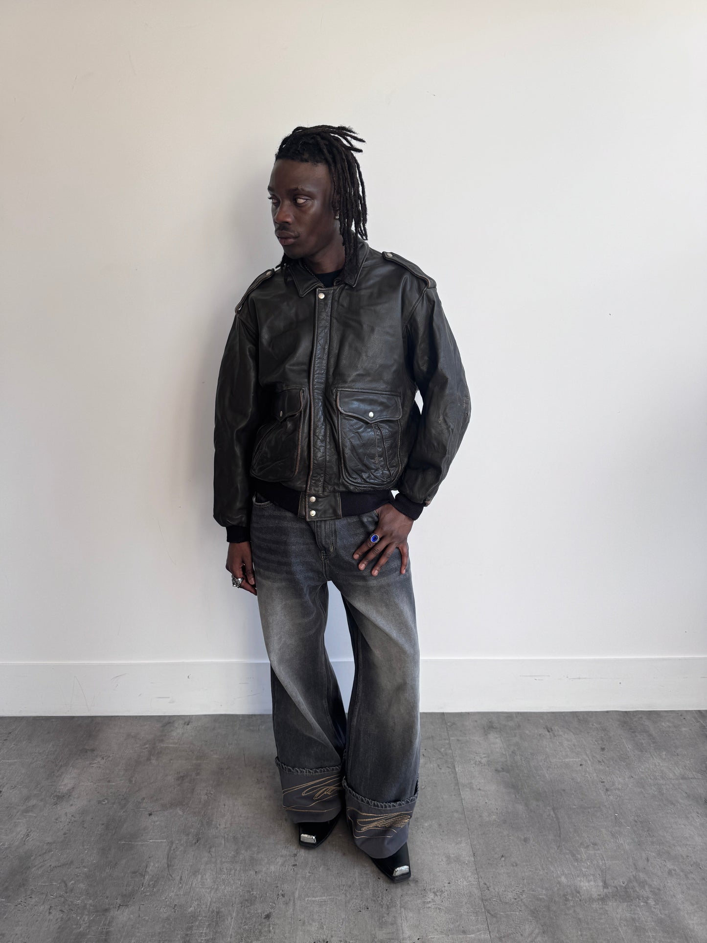 1980's Faux Shearling Lined Distressed Brown Leather Jacket