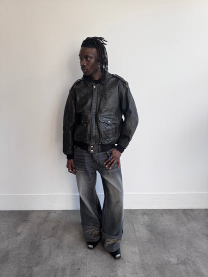 1980's Faux Shearling Lined Distressed Brown Leather Jacket