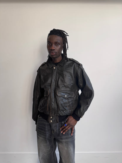 Vera Pelle Diamond Quilt Lined Brown Leather Bomber Jacket