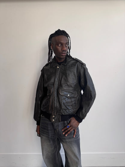 1980's Faux Shearling Lined Distressed Brown Leather Jacket