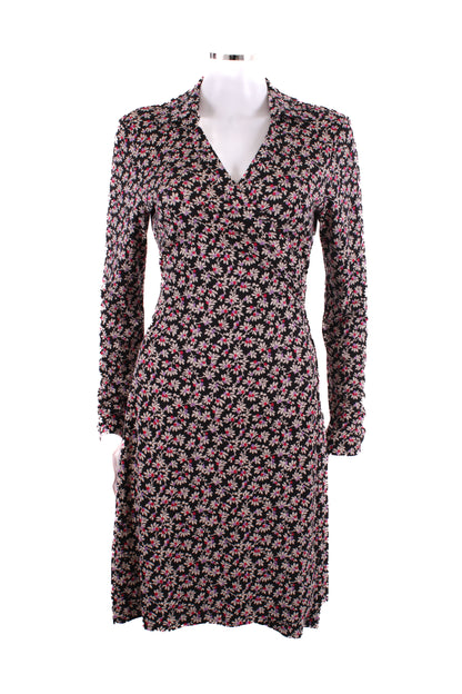 Diane Von Furstenberg L/S Floral Print Wrap Dress Black/ Purple 10 | O/S, Black