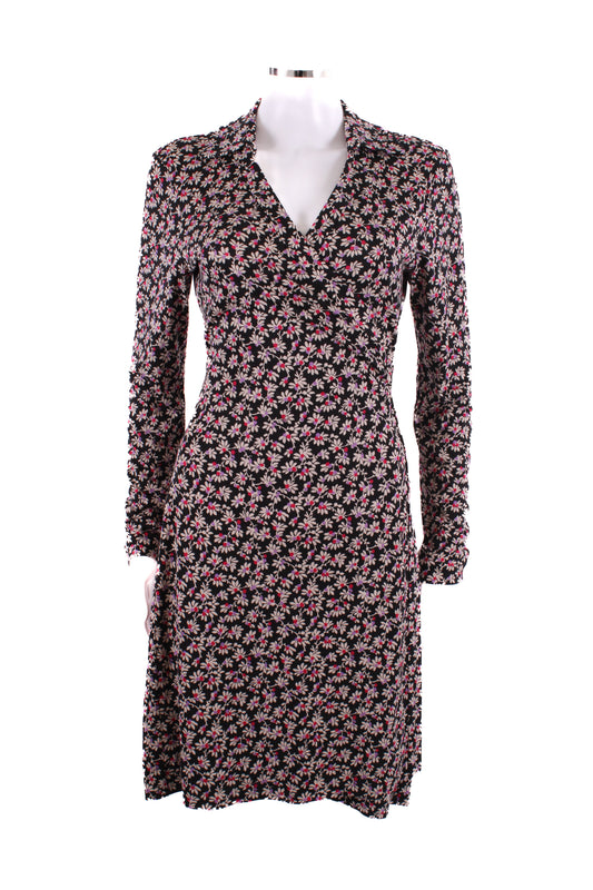 Diane Von Furstenberg L/S Floral Print Wrap Dress Black/ Purple 10 | O/S, Black