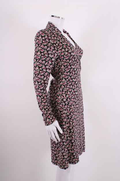Diane Von Furstenberg L/S Floral Print Wrap Dress Black/ Purple 10 | O/S, Black