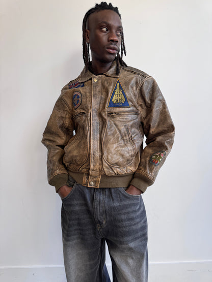 Top Gun Patch Embellished Map Lined Taupe Distressed Leather Bomber Jacket (SOLD AS SEEN)