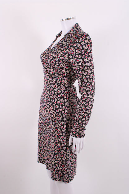 Diane Von Furstenberg L/S Floral Print Wrap Dress Black/ Purple 10 | O/S, Black