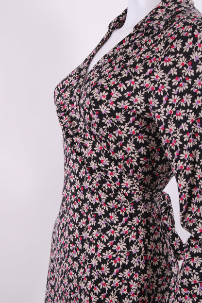 Diane Von Furstenberg L/S Floral Print Wrap Dress Black/ Purple 10 | O/S, Black
