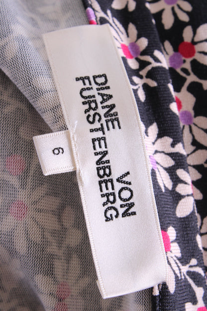Diane Von Furstenberg L/S Floral Print Wrap Dress Black/ Purple 10 | O/S, Black