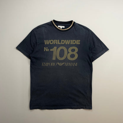 Emporio Armani Navy 1990s Reflective Print 'Worldwide' Tee | Medium, Navy
