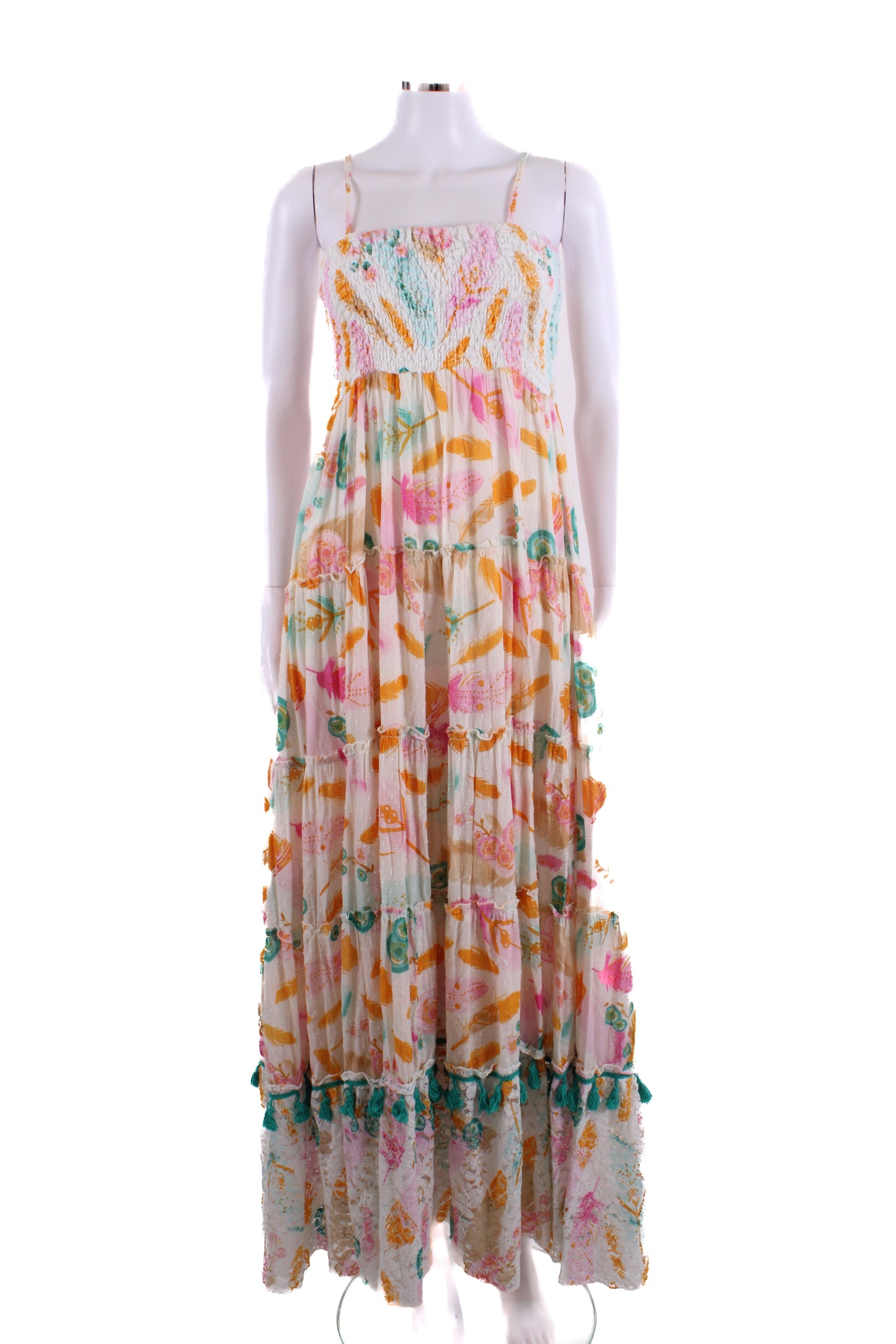 Gipsy Queen Shirred Printed Maxi Dress White S/M | Small, Red