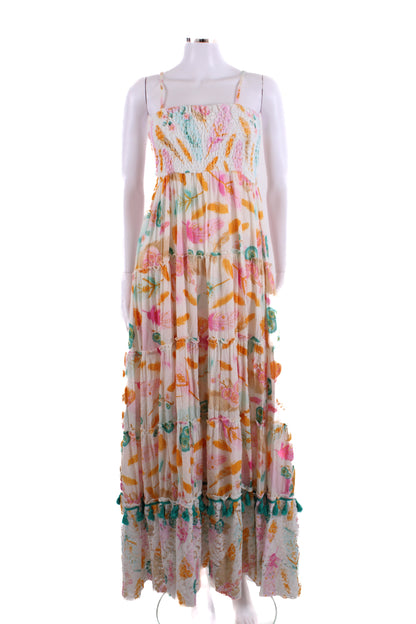 Gipsy Queen Shirred Printed Maxi Dress White S/M | Small, Red