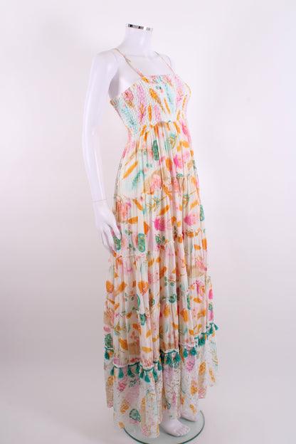 Gipsy Queen Shirred Printed Maxi Dress White S/M | Small, Red