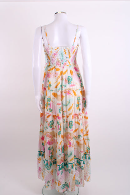 Gipsy Queen Shirred Printed Maxi Dress White S/M | Small, Red
