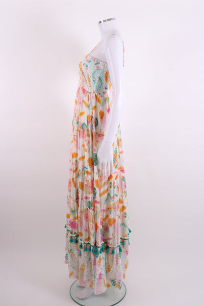Gipsy Queen Shirred Printed Maxi Dress White S/M | Small, Red