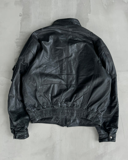 90'S VINTAGE BLACK LEATHER BIKER JACKET - L