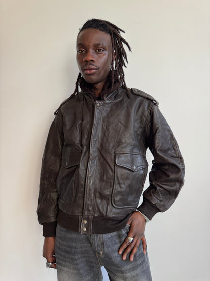 Konely Cuir Removable Lining Deep Brown Leather Bomber Jacket