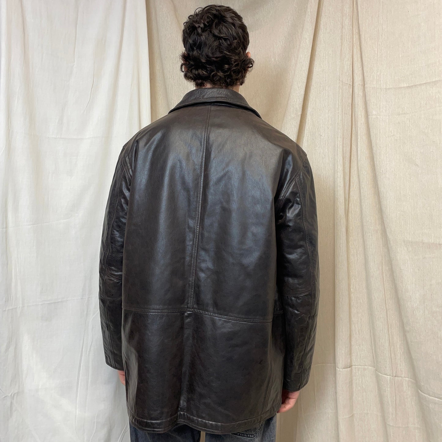 Armani Jeans Brown 90s Leather Overcoat | XX-Large, Brown