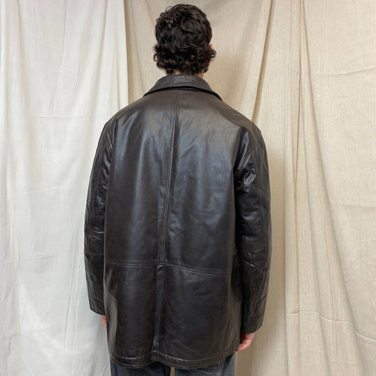 Armani Jeans Brown 90s Leather Overcoat | XX-Large, Brown