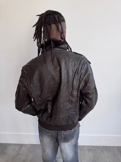 Konely Cuir Removable Lining Deep Brown Leather Bomber Jacket