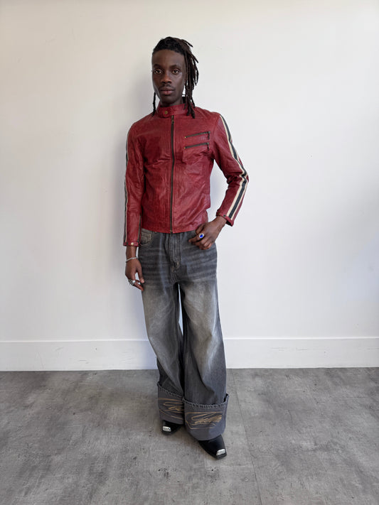 Racing Stripe Distressed Red Leather Motor Jacket